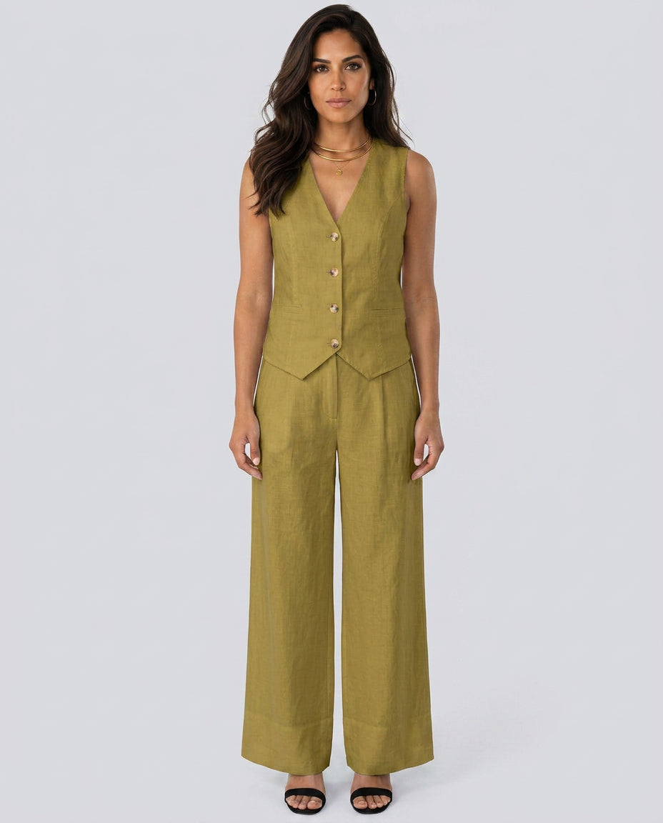 Sollise | Women's Matching Two-Piece Set with Waistcoat and Wide Trousers — Olive Green