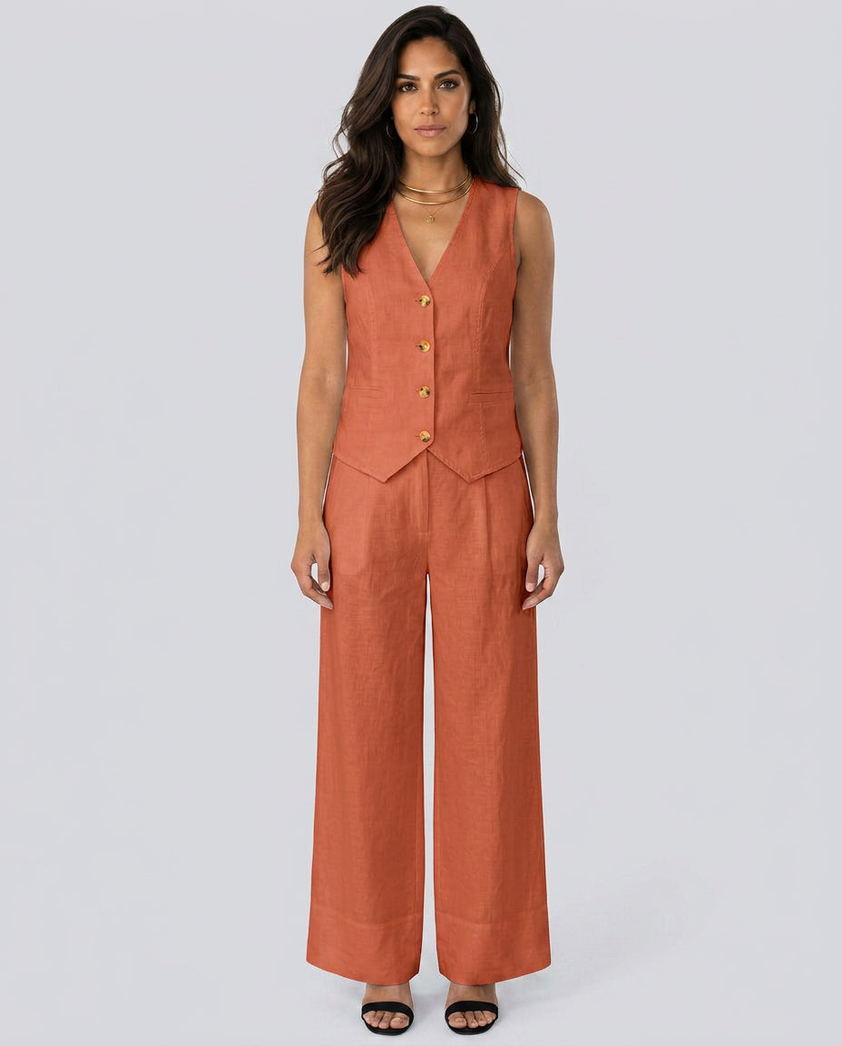 Sollise | Women's Matching Two-Piece Set with Waistcoat and Wide Trousers — Red