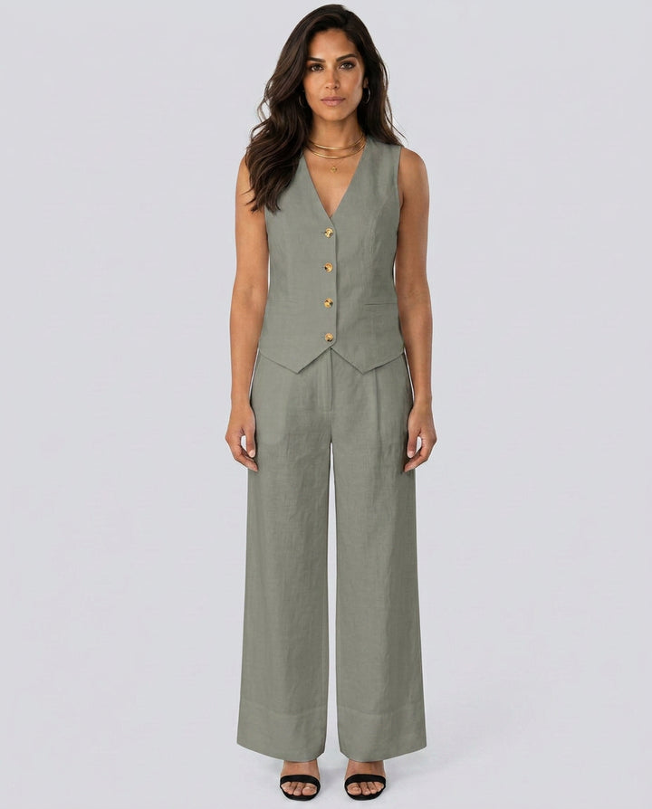 Sollise | Women's Matching Two-Piece Set with Waistcoat and Wide Trousers — Sage Green