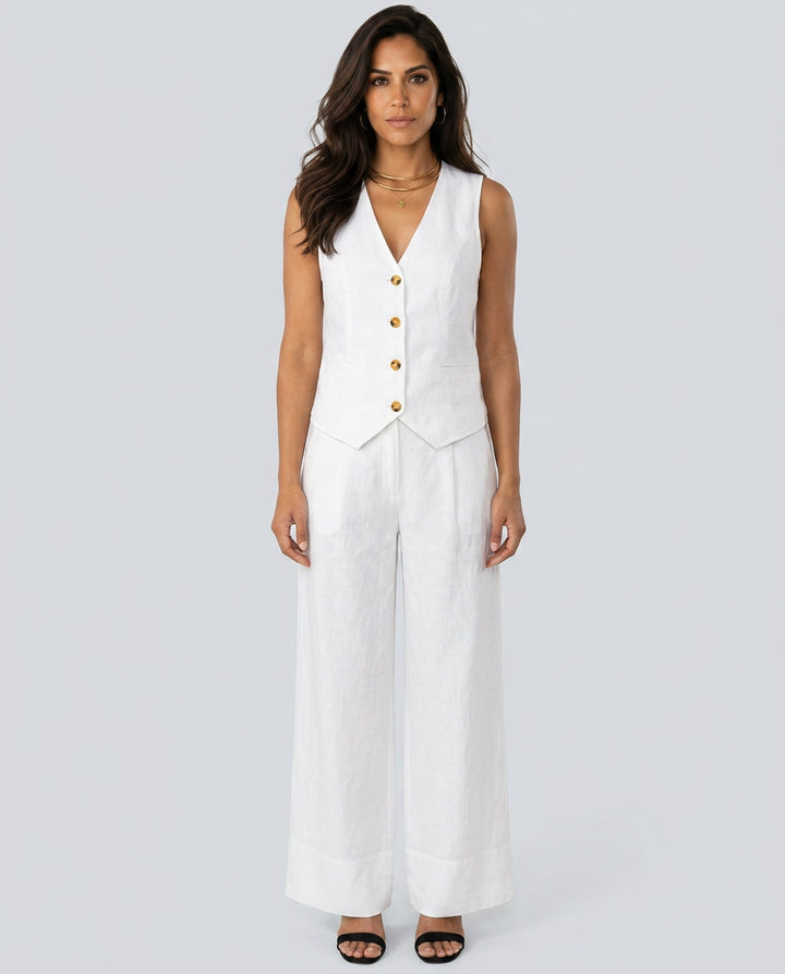 Sollise | Women's Matching Two-Piece Set with Waistcoat and Wide Trousers — White
