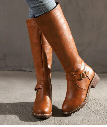 Sollora | Women's Knee High Boots Flat Heel Buckle Strap Everyday Wear