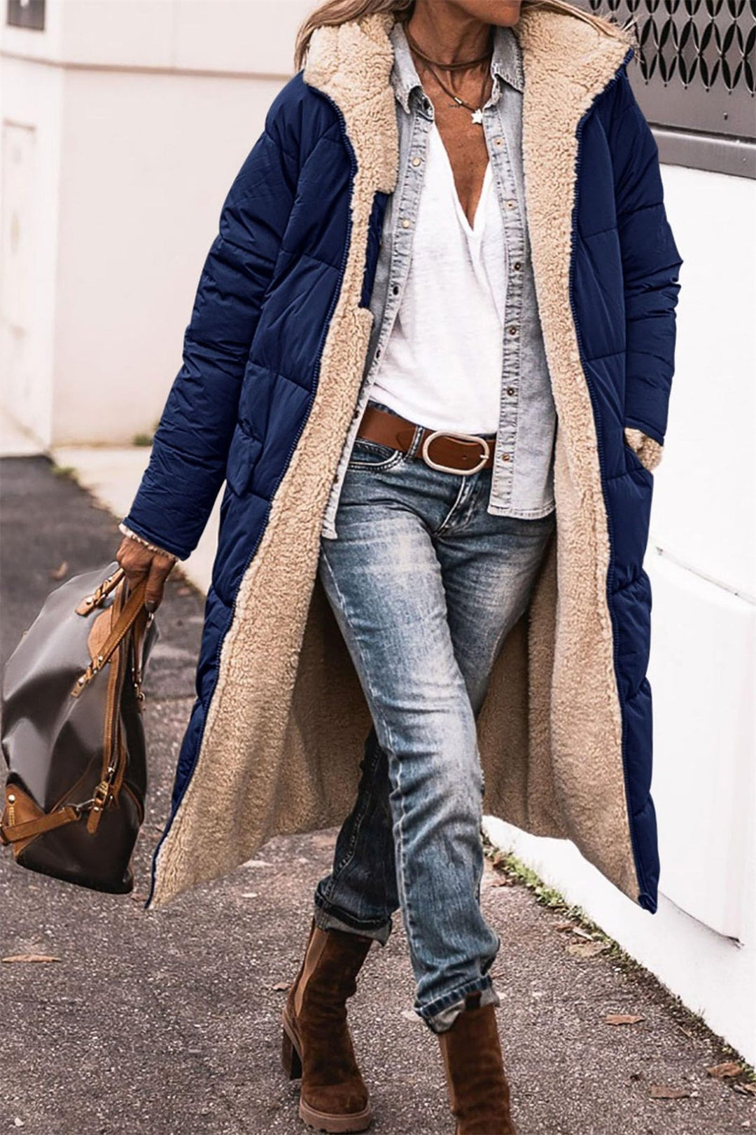 Solnia | Women's Puffer Jacket Longline Sherpa Winter Outdoor