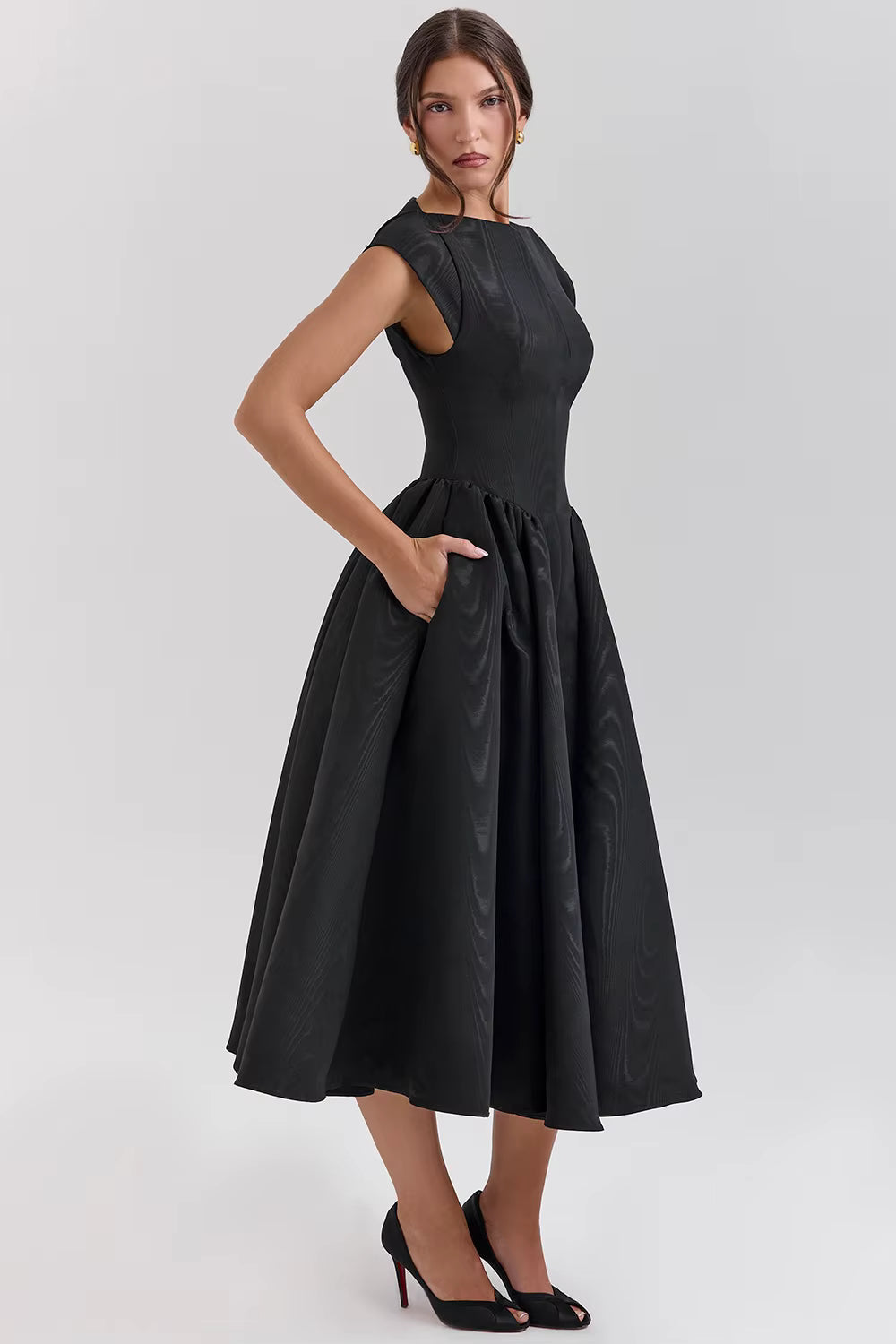 Tatiana | Women's Wedding Guest Elegant Boat Neck Fit and Flare Midi Dress Dresses — Black