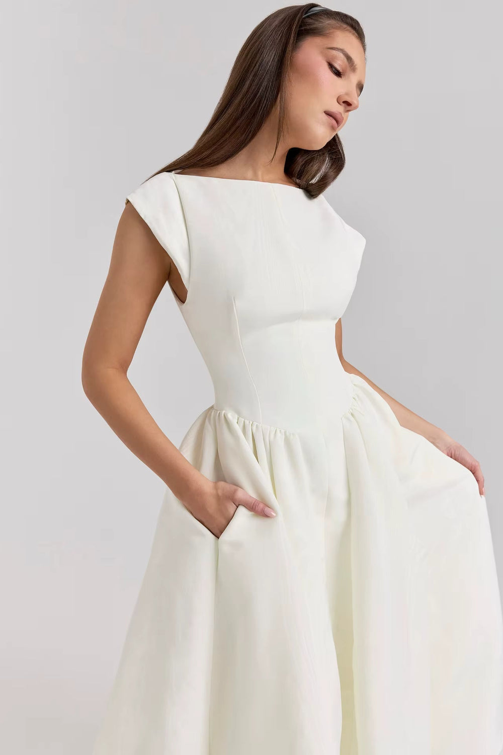 Tatiana | Women's Wedding Guest Elegant Boat Neck Fit and Flare Midi Dress Dresses — 2