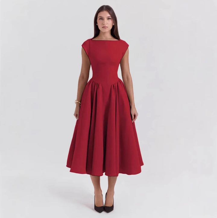 Tatiana | Women's Wedding Guest Elegant Boat Neck Fit and Flare Midi Dress Dresses — Red