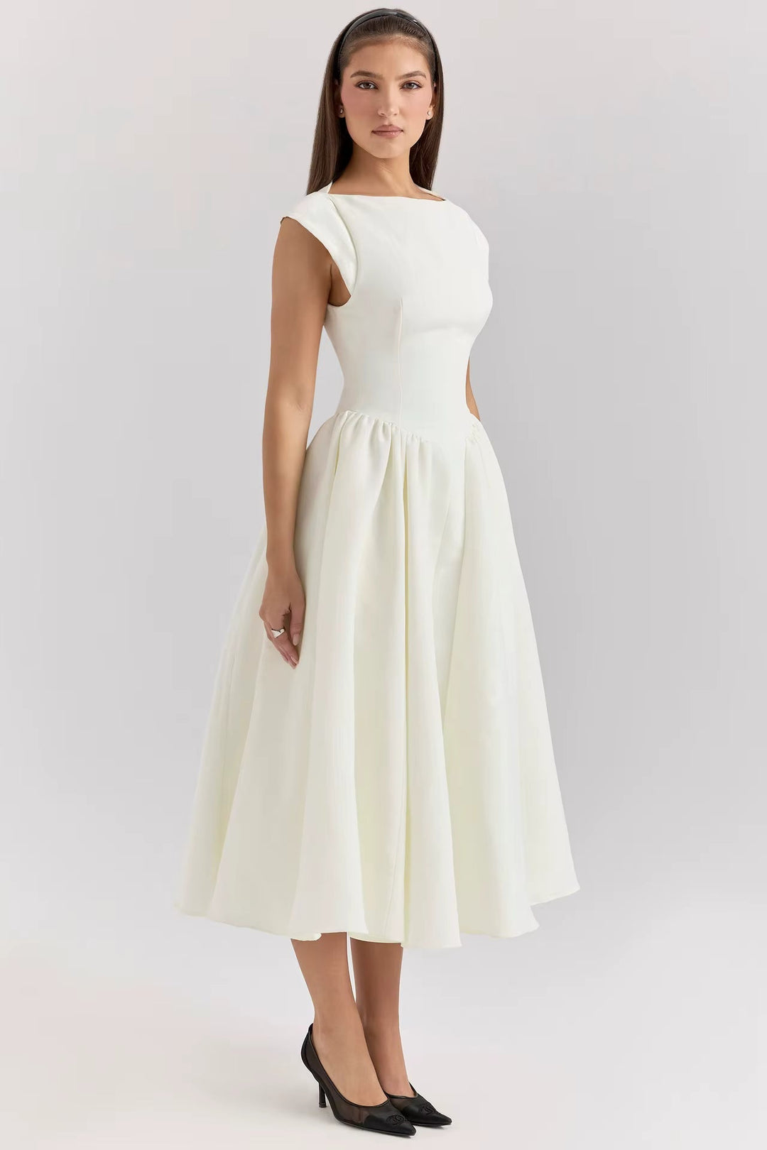 Tatiana | Women's Wedding Guest Elegant Boat Neck Fit and Flare Midi Dress Dresses — White