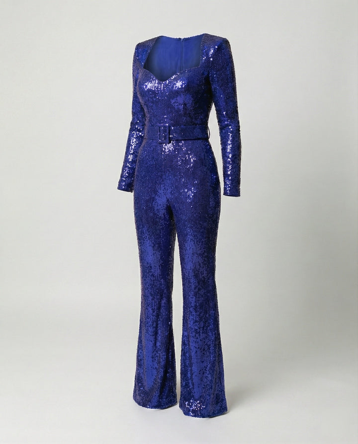 Theaara | Women's Wide-Leg Elegant Long Sleeve Sequin Jumpsuit – Fitted Cocktail Party Jumpsuit — Blue
