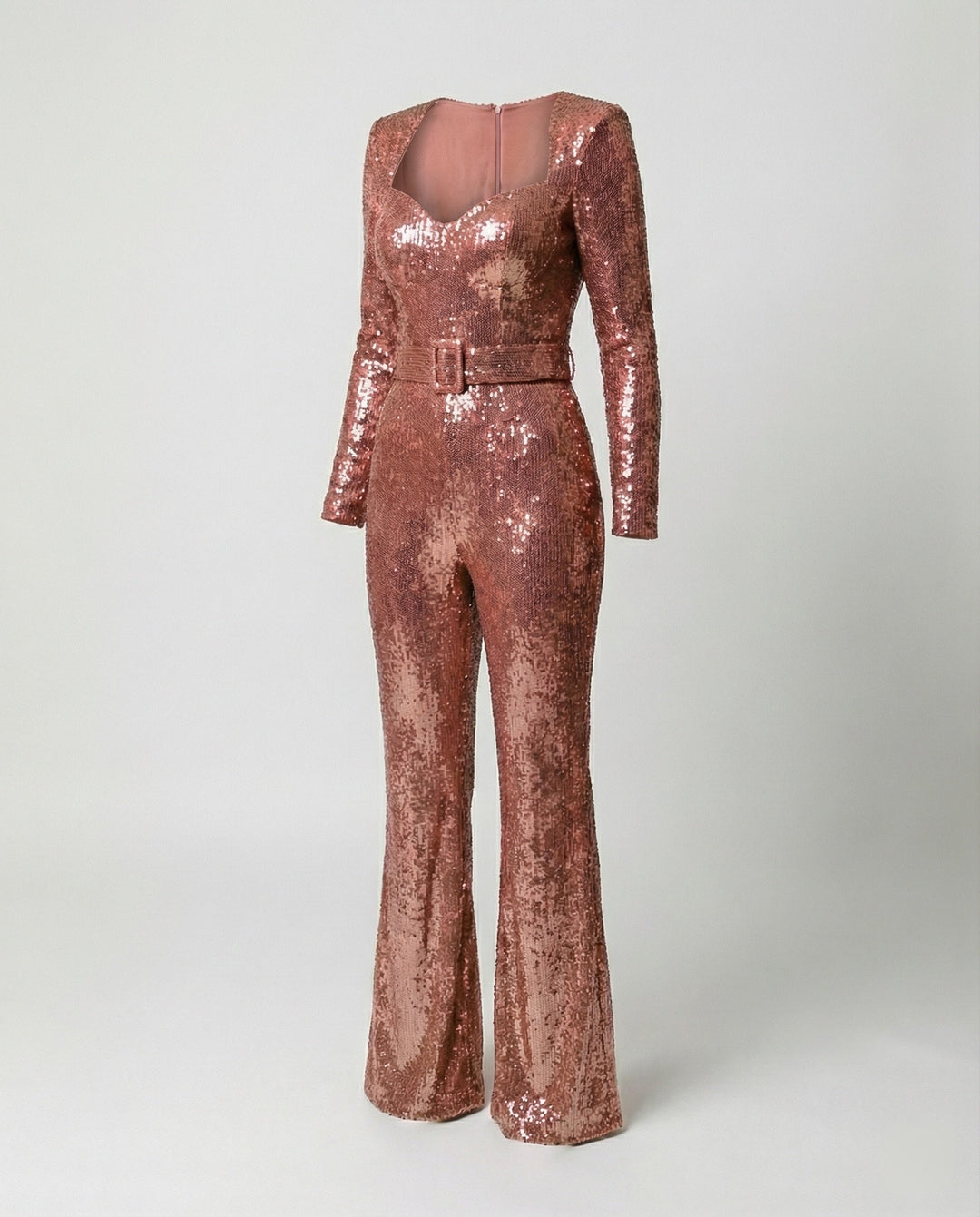 Theaara | Women's Wide-Leg Elegant Long Sleeve Sequin Jumpsuit – Fitted Cocktail Party Jumpsuit — Light Pink