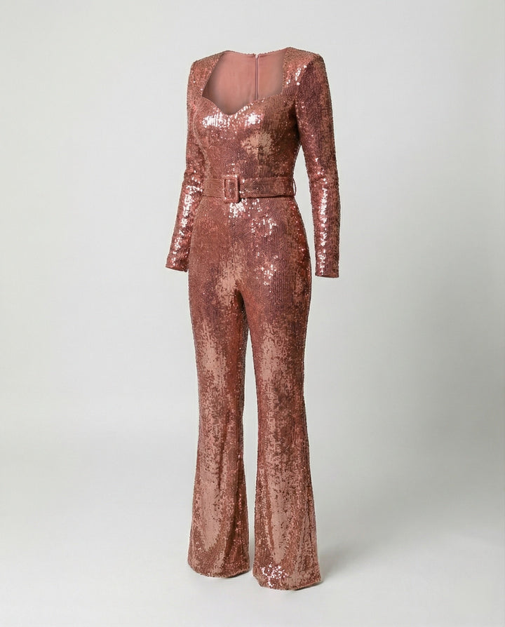 Theaara | Women's Wide-Leg Elegant Long Sleeve Sequin Jumpsuit – Fitted Cocktail Party Jumpsuit — Light Pink