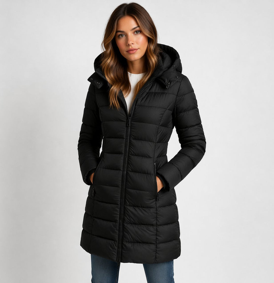 Theaphine | Women's Puffer Coat with a Zip Front and Quilted Panels — Black