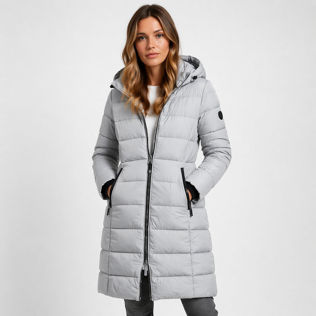 Theaphine | Women's Puffer Coat with a Zip Front and Quilted Panels — Grey