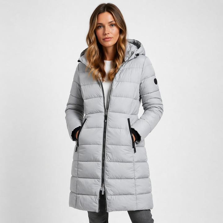 Theaphine | Women's Puffer Coat with a Zip Front and Quilted Panels — Grey