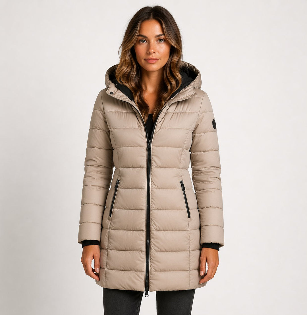Theaphine | Women's Puffer Coat with a Zip Front and Quilted Panels — Khaki
