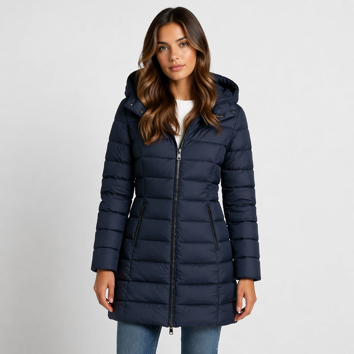 Theaphine | Women's Puffer Coat with a Zip Front and Quilted Panels — Navy Blue