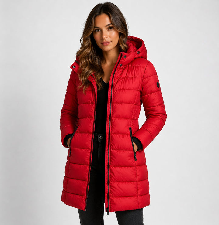Theaphine | Women's Puffer Coat with a Zip Front and Quilted Panels — Red