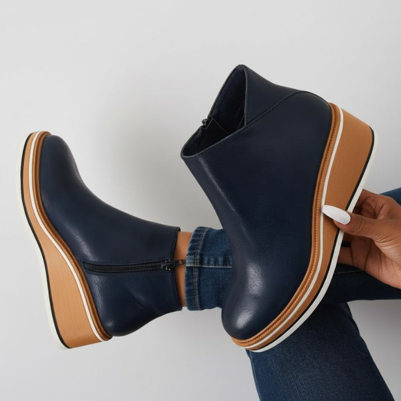 Theodora | Women's Western Style Knee-High Orthopedic Leather Wedge Boots — Blue