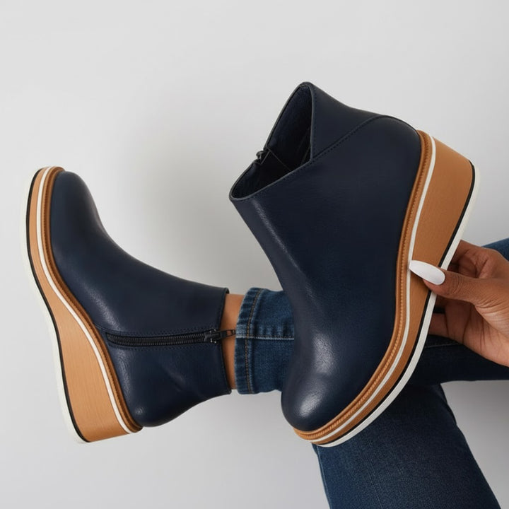 Theodora | Women's Western Style Knee-High Orthopedic Leather Wedge Boots — Blue