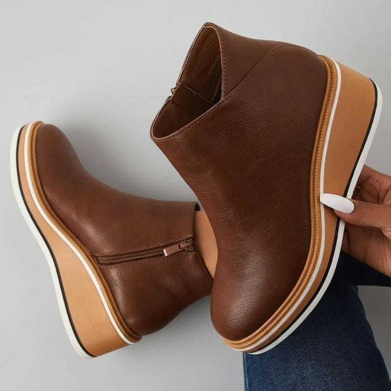 Theodora | Women's Western Style Knee-High Orthopedic Leather Wedge Boots — Dark Brown