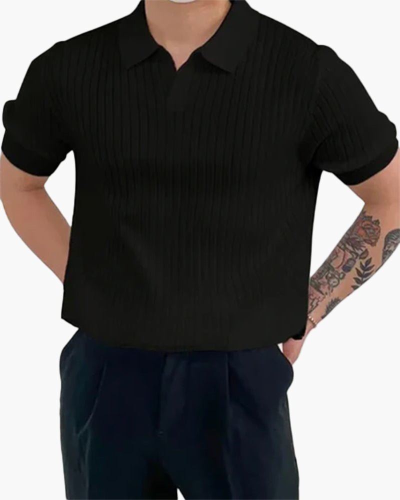 Theodore | Men's Stretch Casual Ribbed Polo with Collar Detail Tops — Black