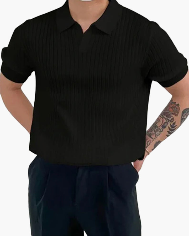 Theodore | Men's Stretch Casual Ribbed Polo with Collar Detail Tops — Black