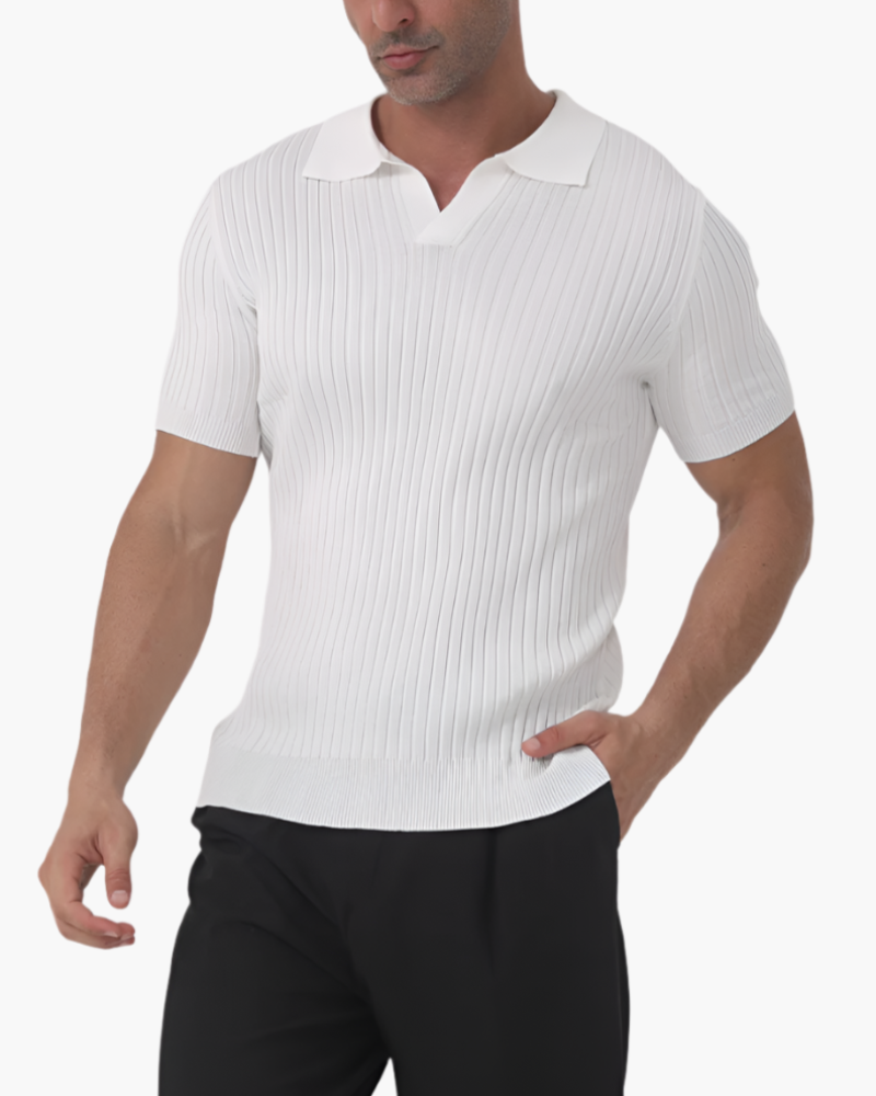 Theodore | Men's Stretch Casual Ribbed Polo with Collar Detail Tops — White