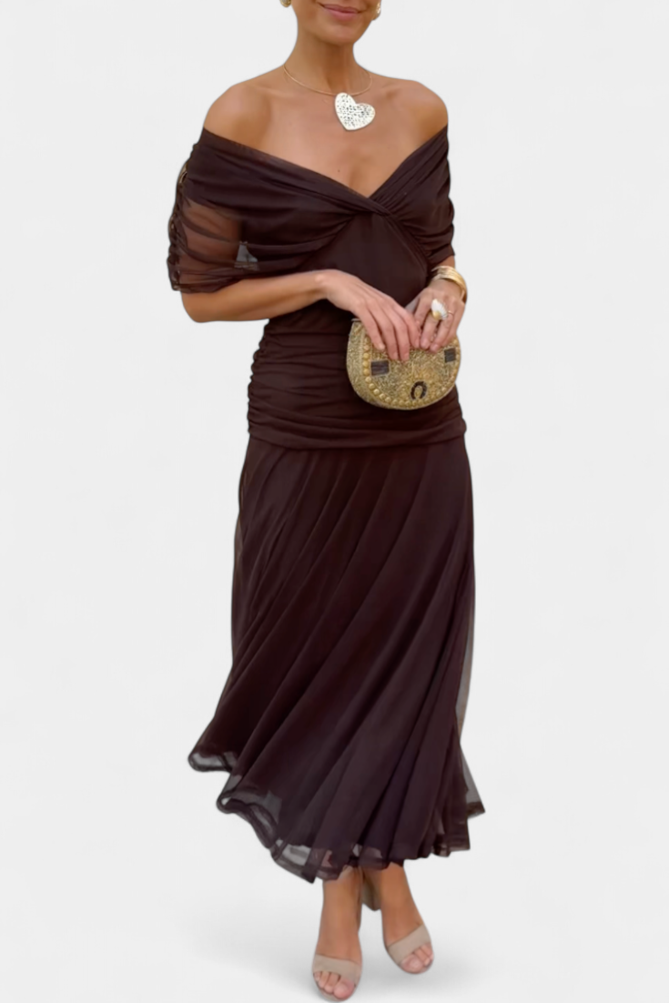 Theophila | Women's Wedding Guest Elegant Off Shoulder Chiffon Midi Dress Dresses — 2