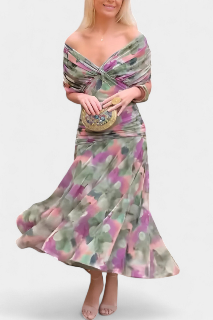 Theophila | Women's Wedding Guest Elegant Off Shoulder Chiffon Midi Dress Dresses — Green and Purple