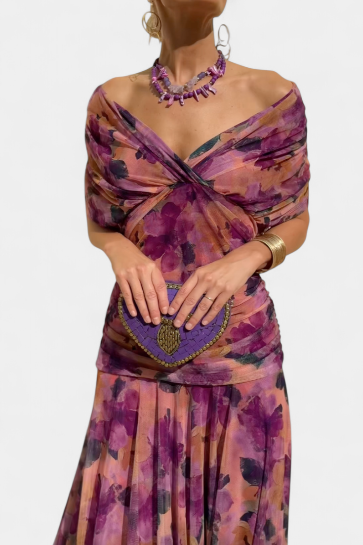 Theophila | Women's Wedding Guest Elegant Off Shoulder Chiffon Midi Dress Dresses — Purple