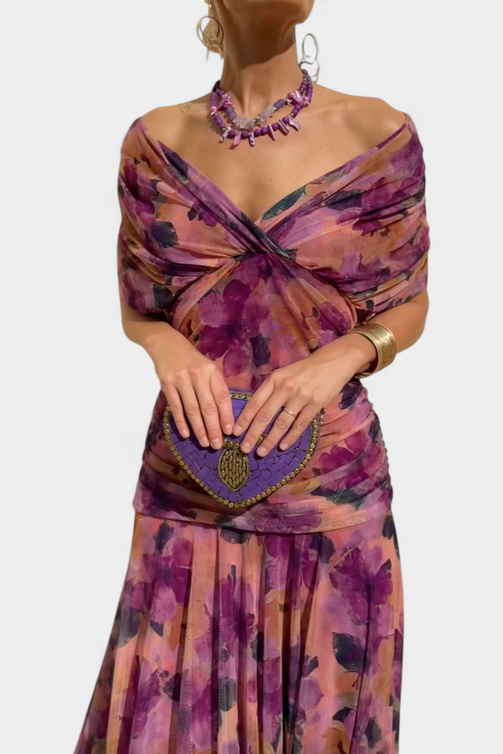 Theophila | Women's Wedding Guest Elegant Off Shoulder Chiffon Midi Dress Dresses — Purple