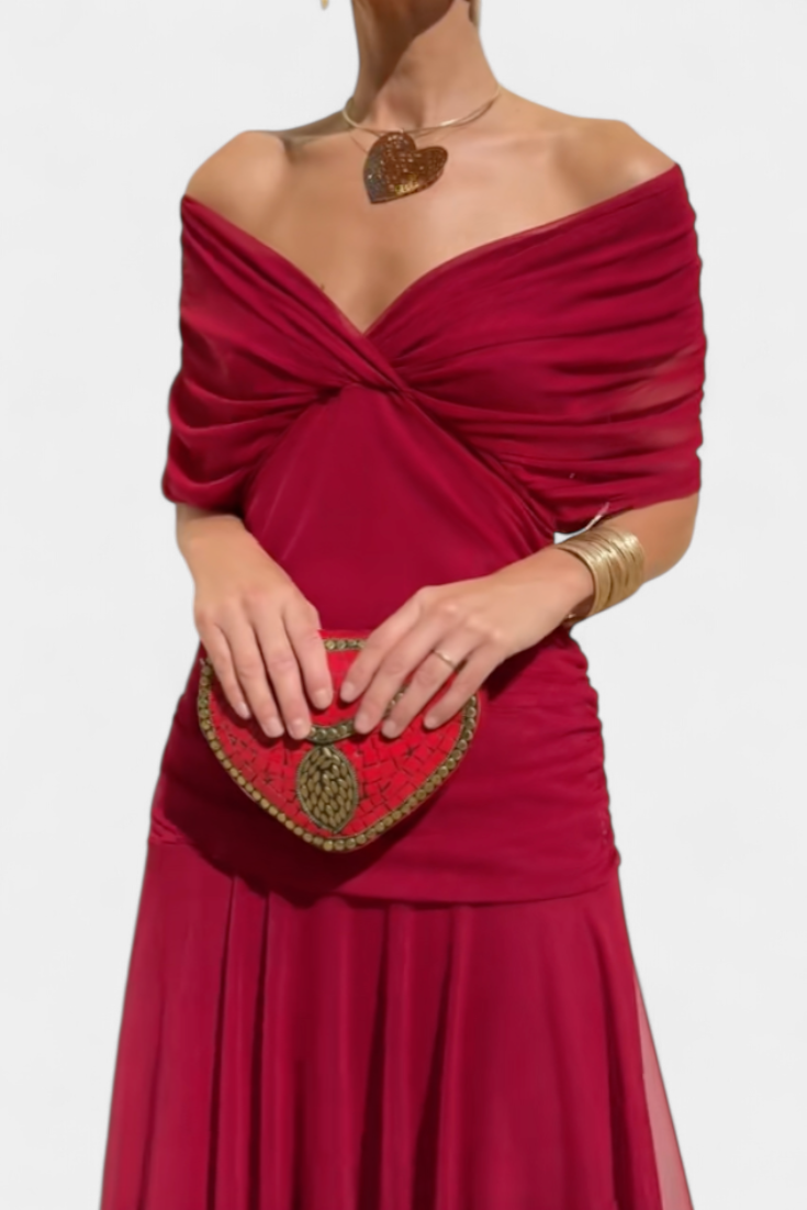 Theophila | Women's Wedding Guest Elegant Off Shoulder Chiffon Midi Dress Dresses — Red