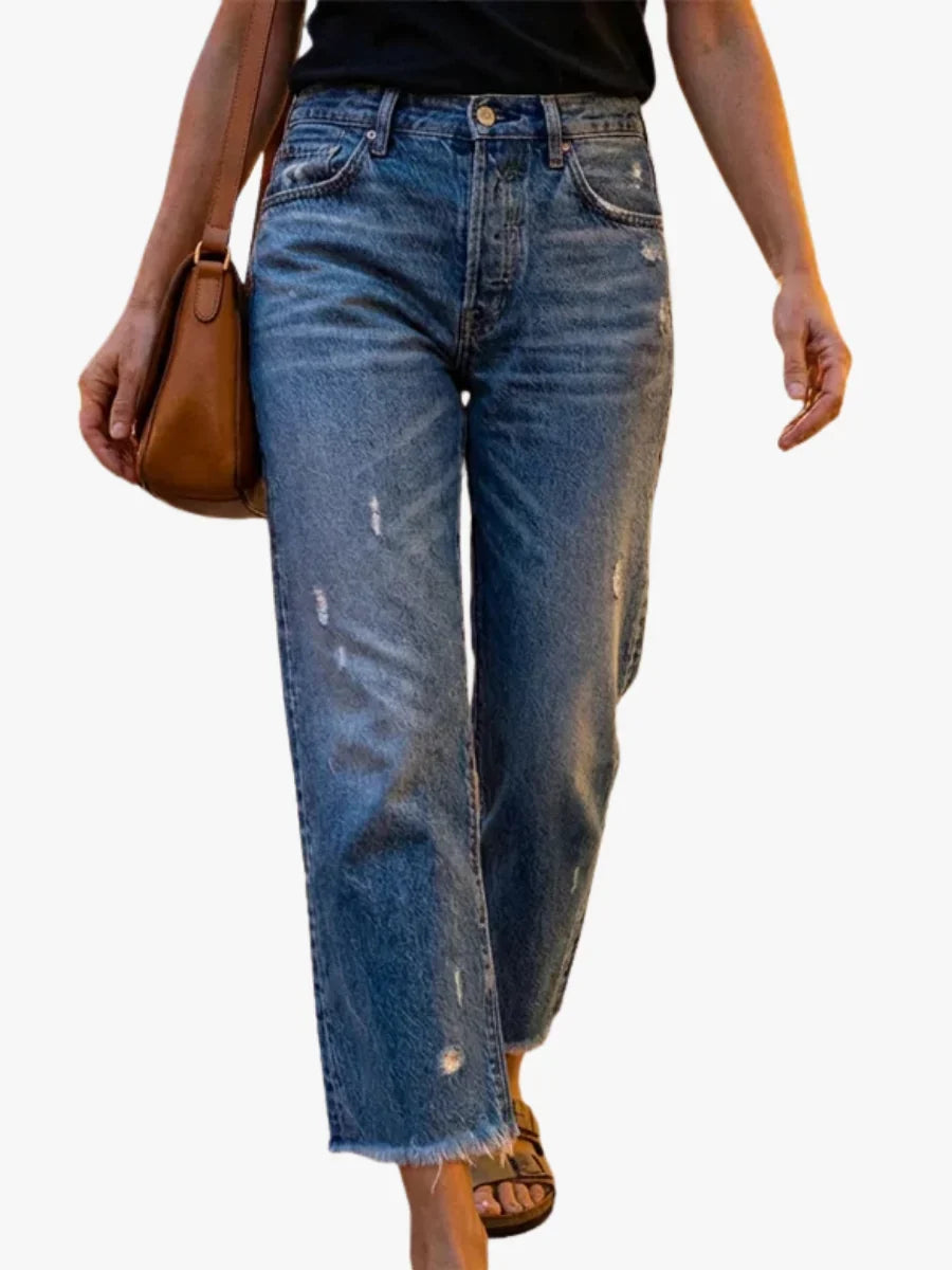 Tindraaine | Women's High-Waist Straight Leg Distressed Button Fly Jeans — 1