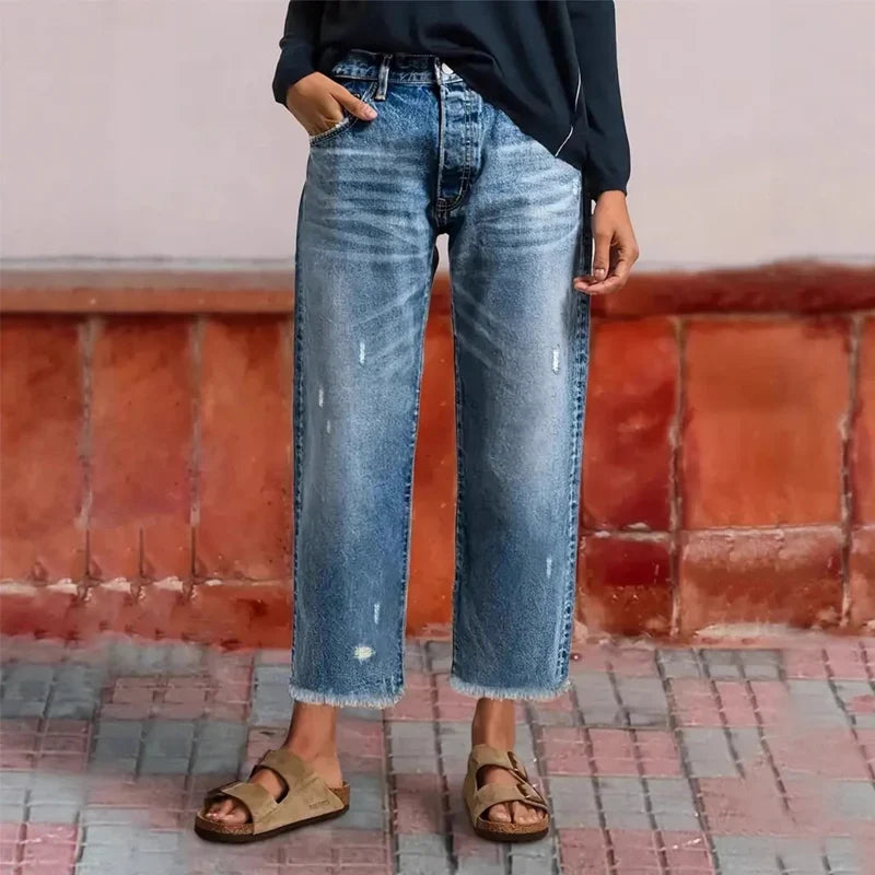 Tindraaine | Women's High-Waist Straight Leg Distressed Button Fly Jeans — 2