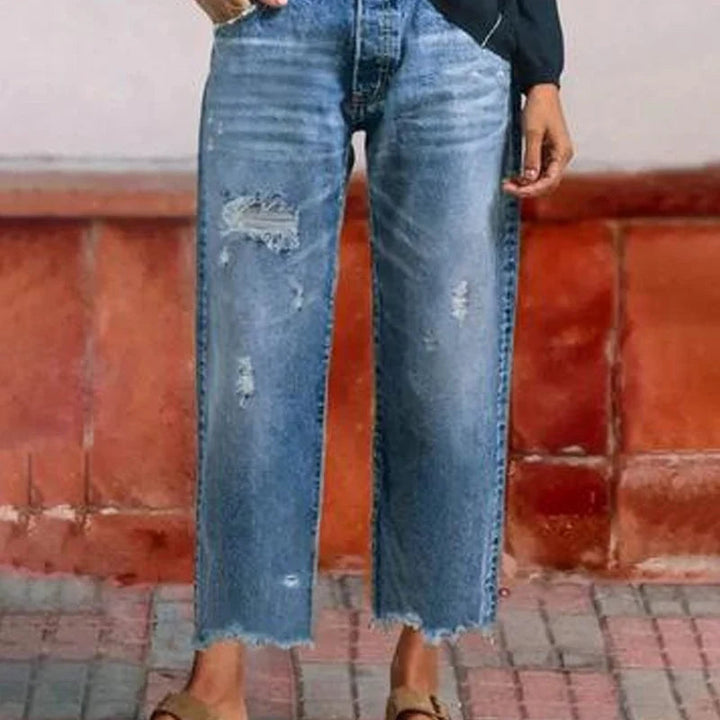 Tindraaine | Women's High-Waist Straight Leg Distressed Button Fly Jeans — Dark Blue