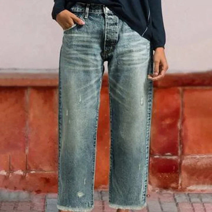 Tindraaine | Women's High-Waist Straight Leg Distressed Button Fly Jeans — Gray
