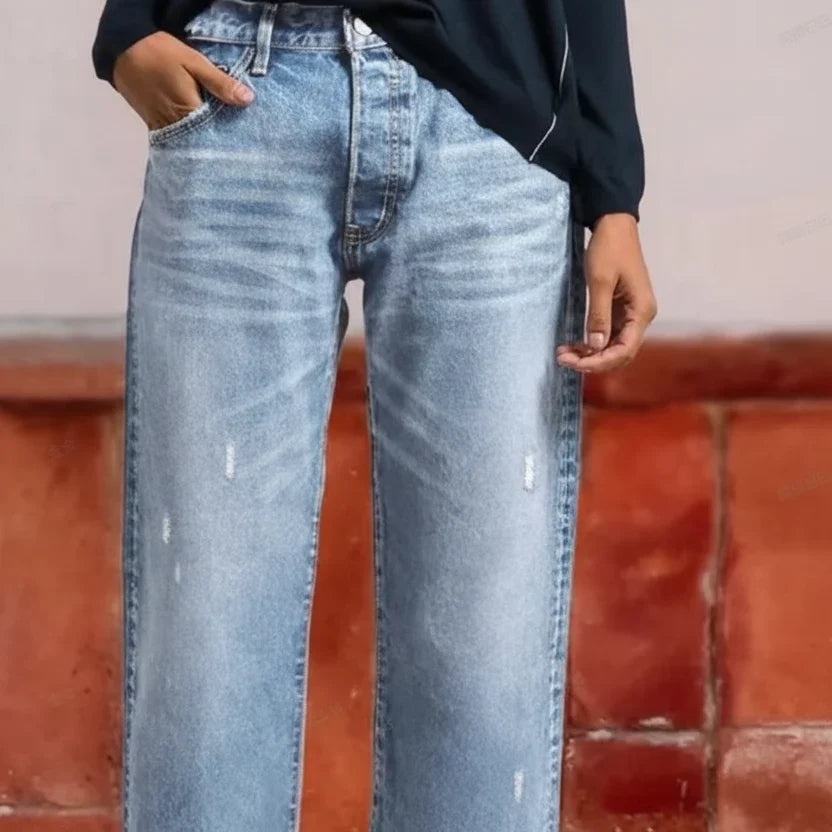 Tindraaine | Women's High-Waist Straight Leg Distressed Button Fly Jeans — Light Blue