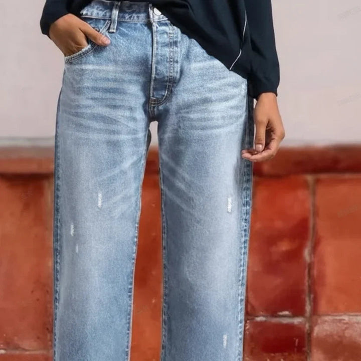 Tindraaine | Women's High-Waist Straight Leg Distressed Button Fly Jeans — Light Blue