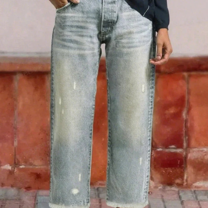 Tindraaine | Women's High-Waist Straight Leg Distressed Button Fly Jeans — Retro Blue