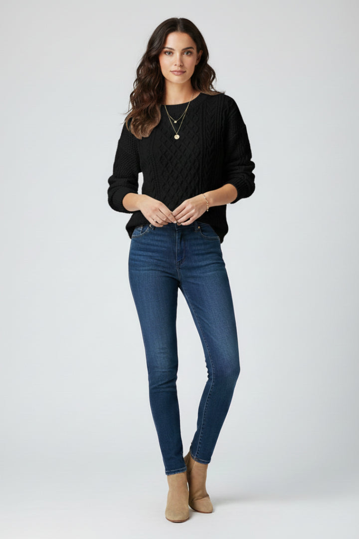 Tindralise | Women's Cozy Cable Knit Jumper with Ribbed Crew Neck and Hem — Black