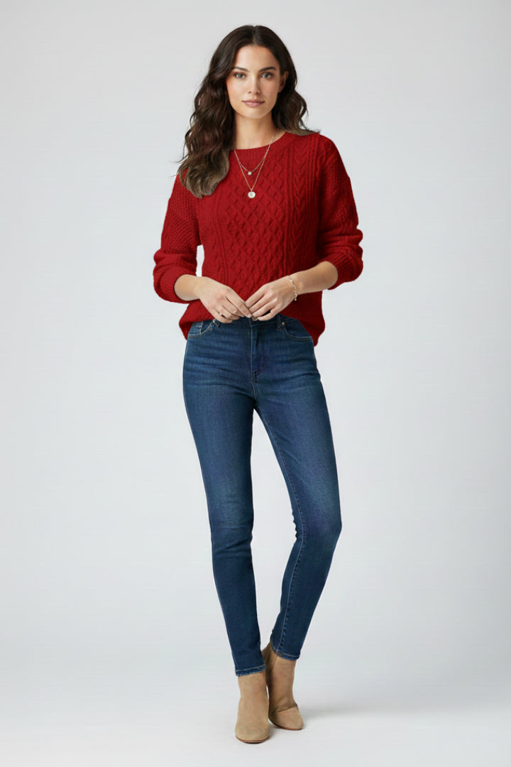 Tindralise | Women's Cozy Cable Knit Jumper with Ribbed Crew Neck and Hem — Red
