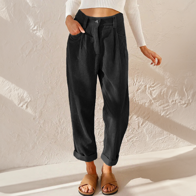Tindralora | Women's Wide-Leg Linen High Waist Corduroy Trousers Relaxed Tapered Leg Pants — Black