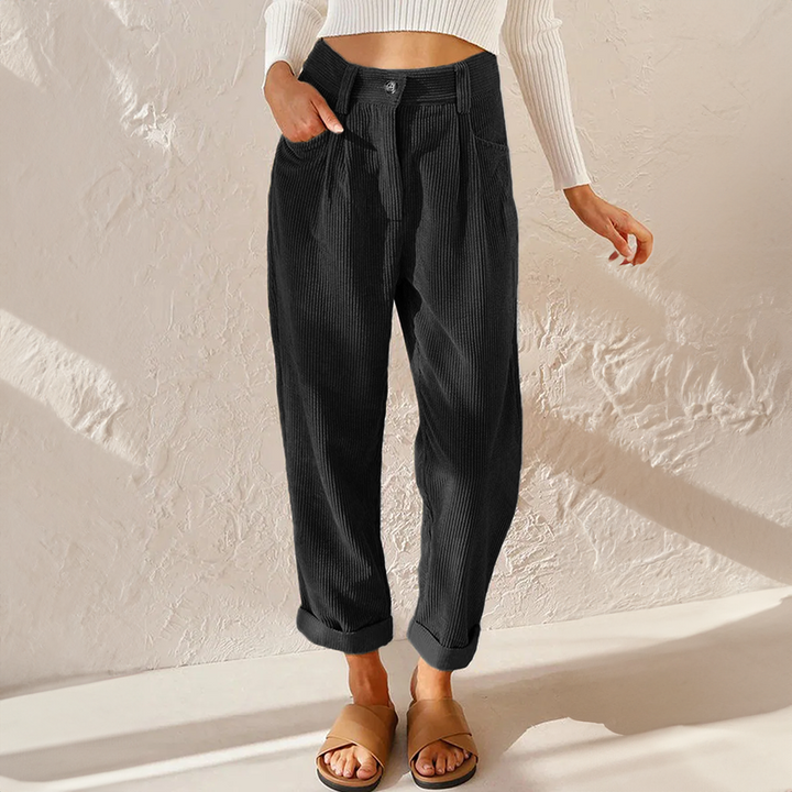 Tindralora | Women's Wide-Leg Linen High Waist Corduroy Trousers Relaxed Tapered Leg Pants — Black
