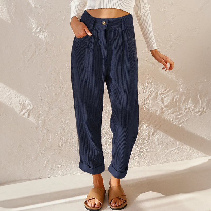 Tindralora | Women's Wide-Leg Linen High Waist Corduroy Trousers Relaxed Tapered Leg Pants — Blue