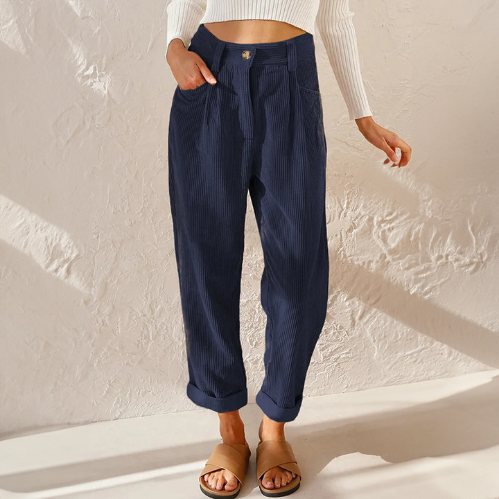 Tindralora | Women's Wide-Leg Linen High Waist Corduroy Trousers Relaxed Tapered Leg Pants — Blue