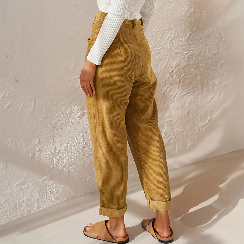 Tindralora | Women's Wide-Leg Linen High Waist Corduroy Trousers Relaxed Tapered Leg Pants — 2