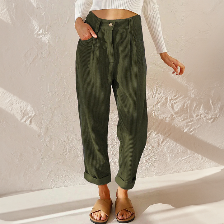 Tindralora | Women's Wide-Leg Linen High Waist Corduroy Trousers Relaxed Tapered Leg Pants — Green