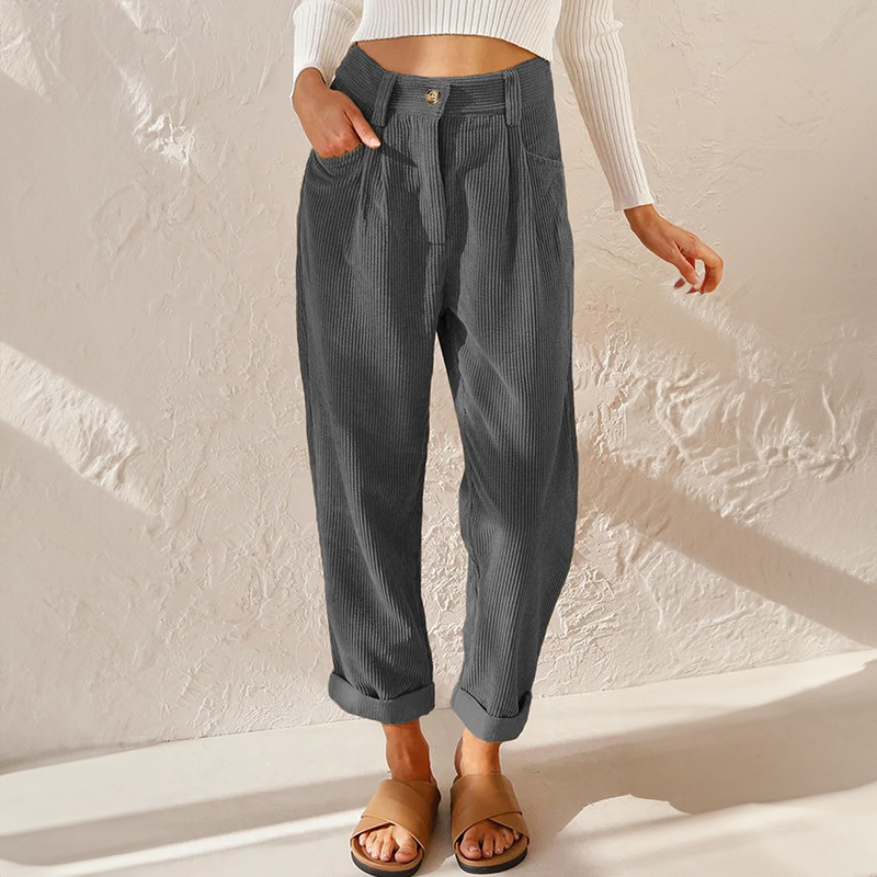 Tindralora | Women's Wide-Leg Linen High Waist Corduroy Trousers Relaxed Tapered Leg Pants — Grey
