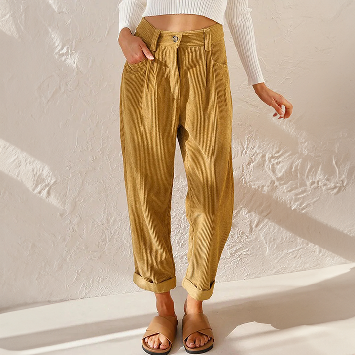 Tindralora | Women's Wide-Leg Linen High Waist Corduroy Trousers Relaxed Tapered Leg Pants — Yellow