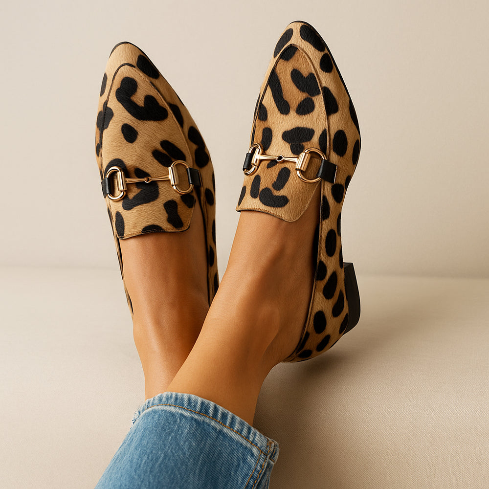 Tindramora | Women's Orthopedic Comfort Slip-On Leopard Print Loafers with Horsebit Detail — Brown