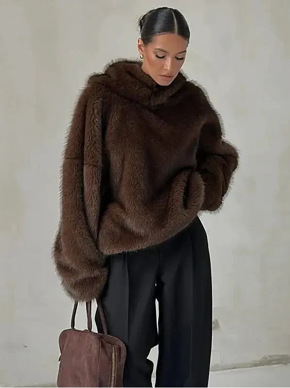 Tindravanne | Women's Knit Cozy oversized Faux Fur Hoodie Plush sweater — Brown