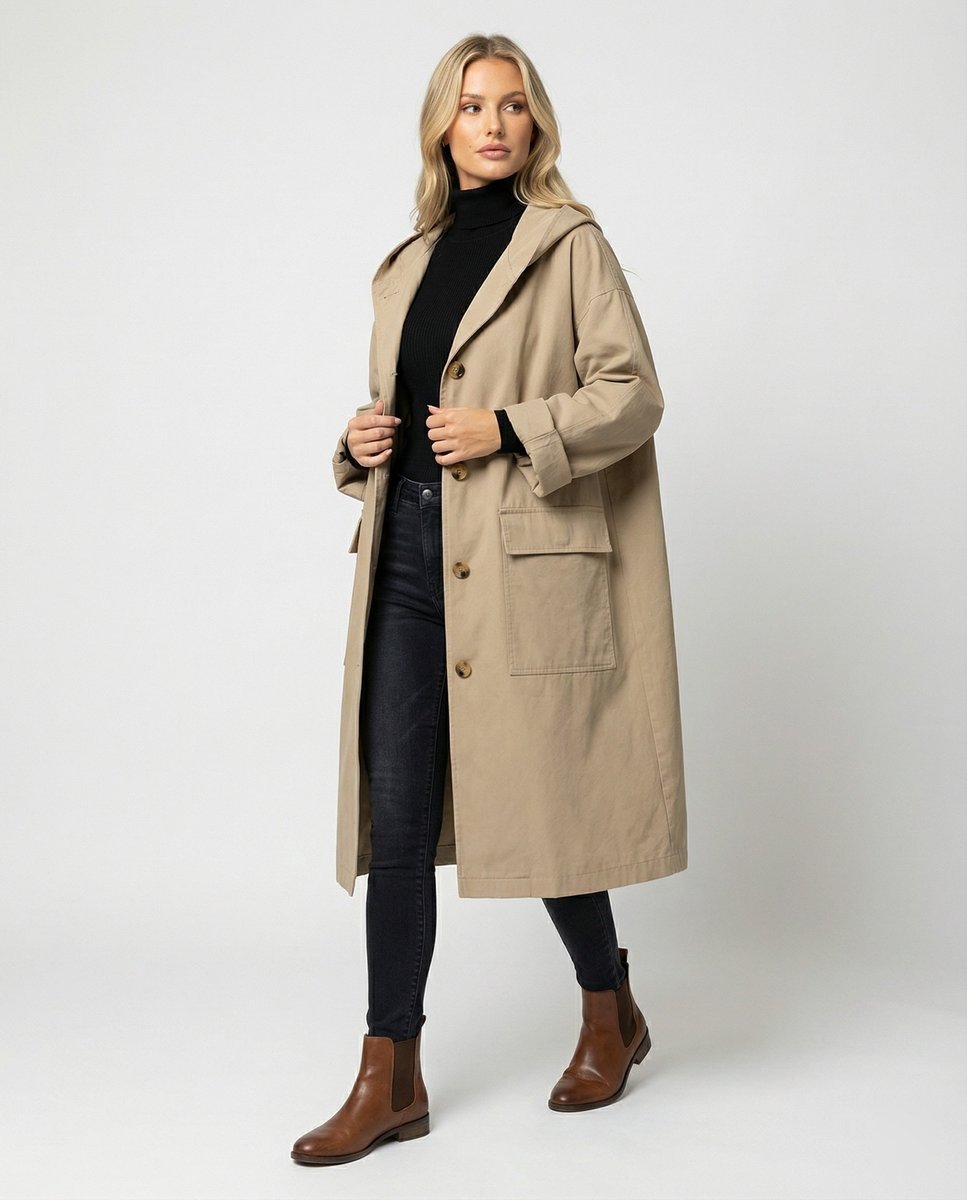 Tovalia | Women's Elegant and Casual Waterproof Hooded Trench Coat — Beige